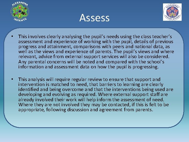 Assess • This involves clearly analysing the pupil’s needs using the class teacher’s assessment
