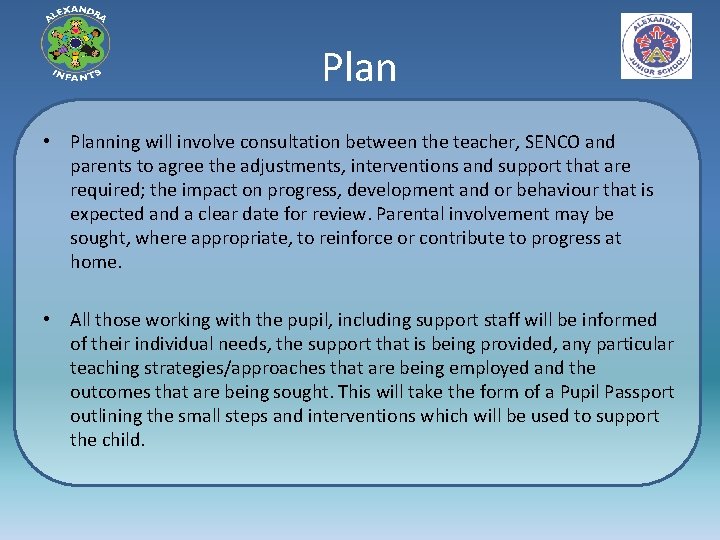 Plan • Planning will involve consultation between the teacher, SENCO and parents to agree