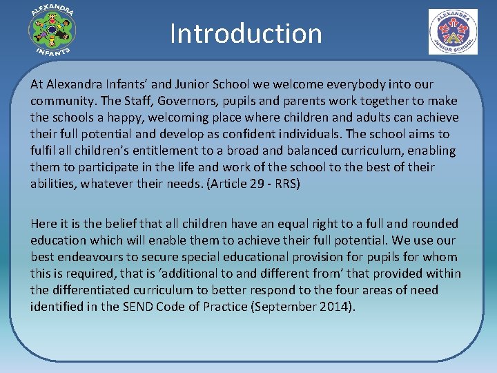Introduction At Alexandra Infants’ and Junior School we welcome everybody into our community. The