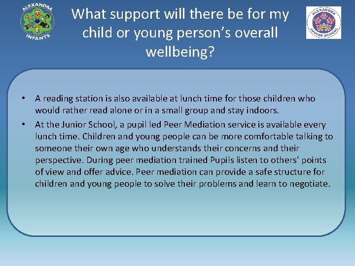 What support will there be for my child or young person’s overall wellbeing? •