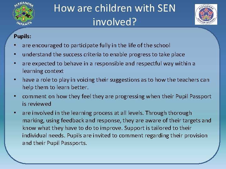 How are children with SEN involved? Pupils: • are encouraged to participate fully in