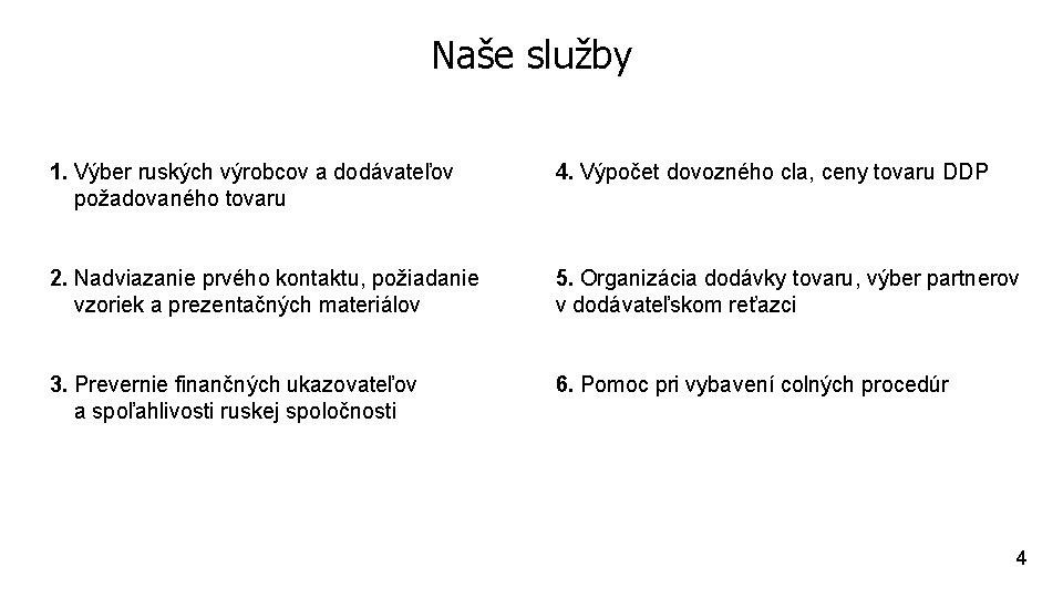 Naše služby 1. Výber ruských výrobcov a dodávateľov požadovaného tovaru 4. Výpočet dovozného cla,