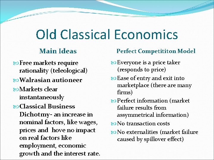 Old Classical Economics Main Ideas Perfect Competititon Model Free markets require rationality (teleological) Walrasian