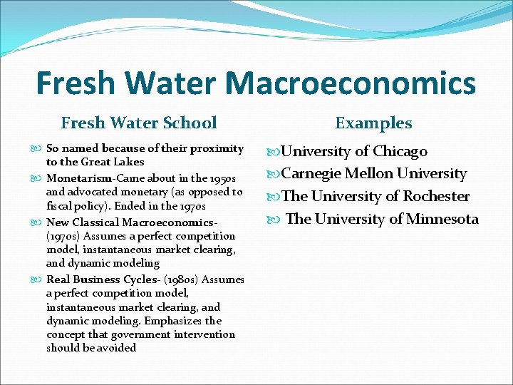 Fresh Water Macroeconomics Fresh Water School Examples So named because of their proximity to