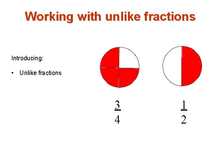 Working with unlike fractions Introducing: • Unlike fractions 3 4 1 2 