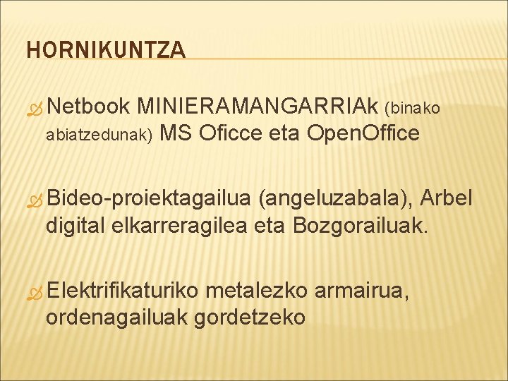 HORNIKUNTZA Netbook MINIERAMANGARRIAk (binako abiatzedunak) MS Oficce eta Open. Office Bideo-proiektagailua (angeluzabala), Arbel digital