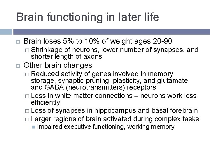 Brain functioning in later life Brain loses 5% to 10% of weight ages 20 Brain functioning in later life Brain loses 5% to 10% of weight ages 20