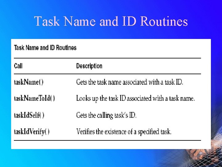 Task Name and ID Routines 