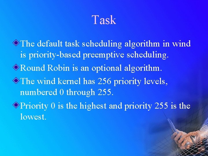 Task The default task scheduling algorithm in wind is priority-based preemptive scheduling. Round Robin