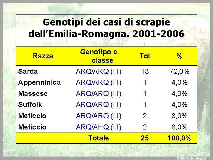 Genotipi dei casi di scrapie dell’Emilia-Romagna. 2001 -2006 Genotipo e classe Tot % Sarda