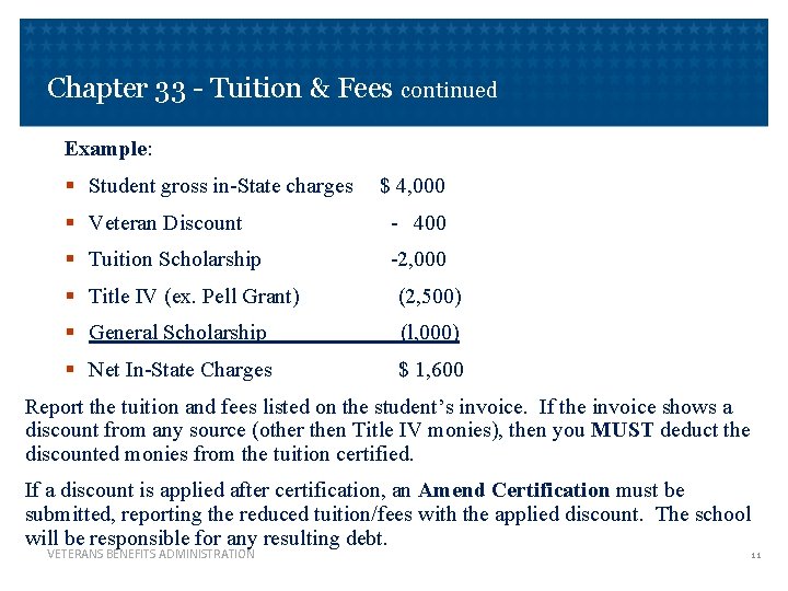 Chapter 33 - Tuition & Fees continued Example: § Student gross in-State charges $