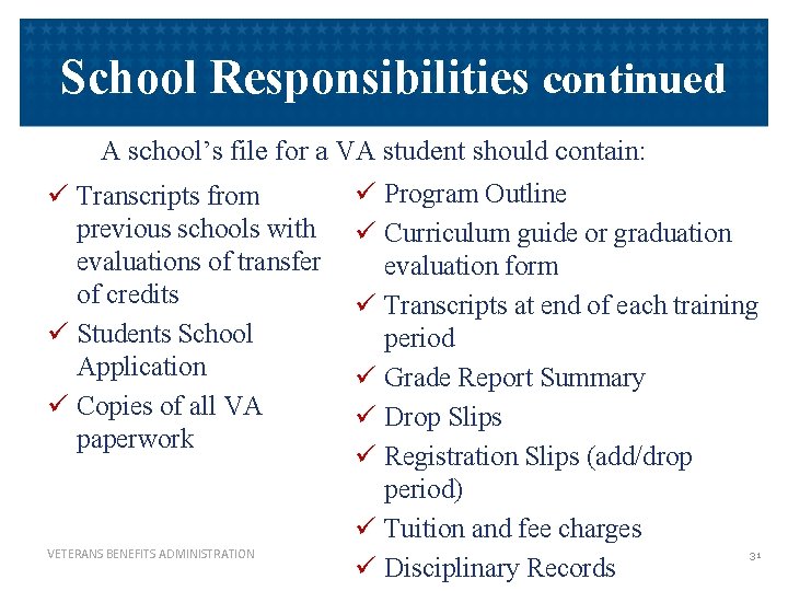 School Responsibilities continued A school’s file for a VA student should contain: ü Program