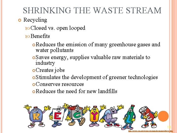 SHRINKING THE WASTE STREAM Recycling Closed vs. open looped Benefits Reduces the emission of