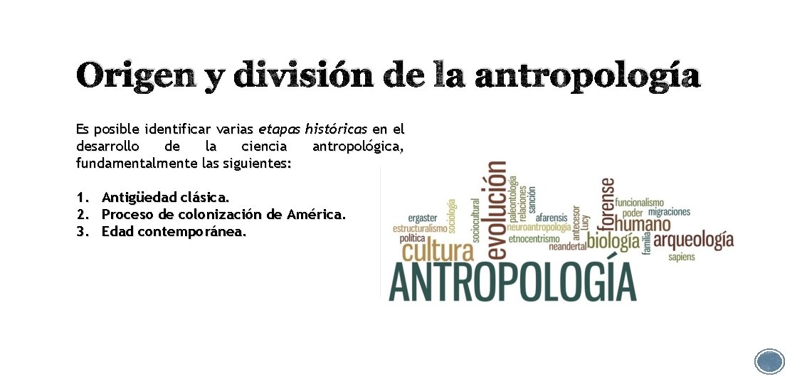 Origen y división de la antropología Es posible identificar varias etapas desarrollo de la