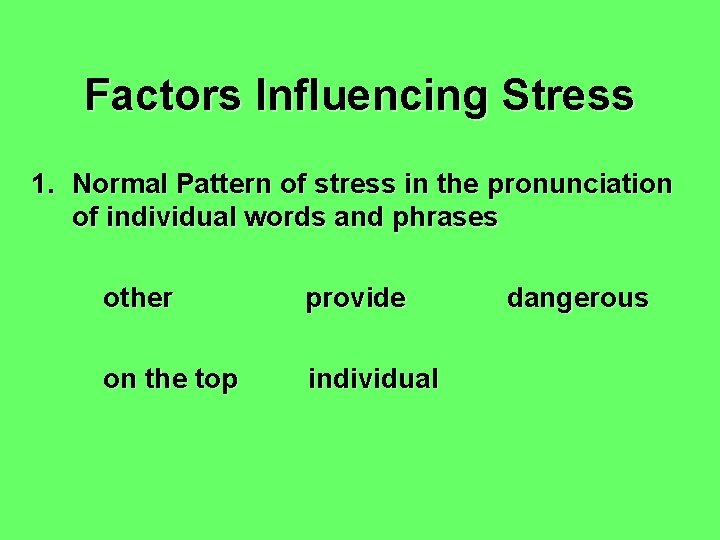 Factors Influencing Stress 1. Normal Pattern of stress in the pronunciation of individual words Factors Influencing Stress 1. Normal Pattern of stress in the pronunciation of individual words
