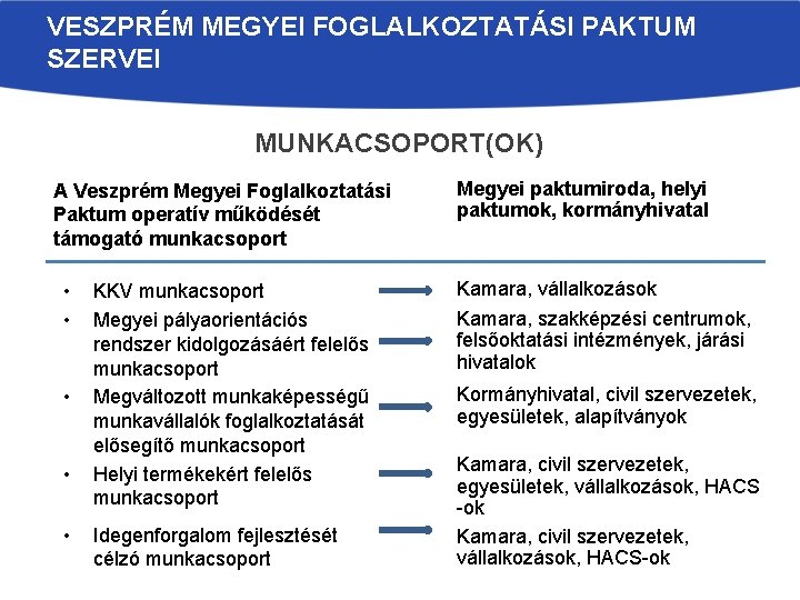 VESZPRÉM MEGYEI FOGLALKOZTATÁSI PAKTUM SZERVEI MUNKACSOPORT(OK) A Veszprém Megyei Foglalkoztatási Paktum operatív működését támogató