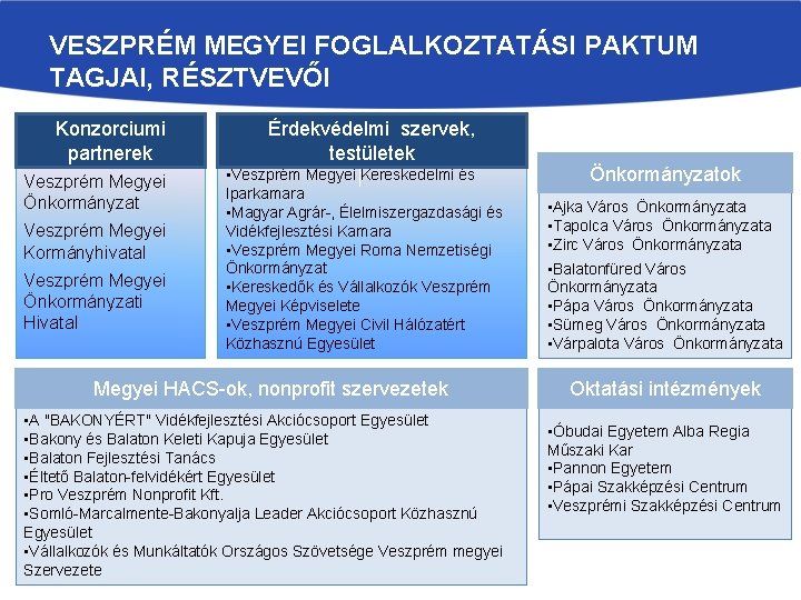 VESZPRÉM MEGYEI FOGLALKOZTATÁSI PAKTUM TAGJAI, RÉSZTVEVŐI Konzorciumi partnerek Veszprém Megyei Önkormányzat Veszprém Megyei Kormányhivatal