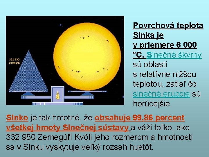 Povrchová teplota Slnka je v priemere 6 000 °C. Slnečné škvrny sú oblasti s