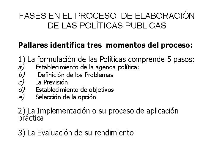 FASES EN EL PROCESO DE ELABORACIÓN DE LAS POLÍTICAS PUBLICAS Pallares identifica tres momentos