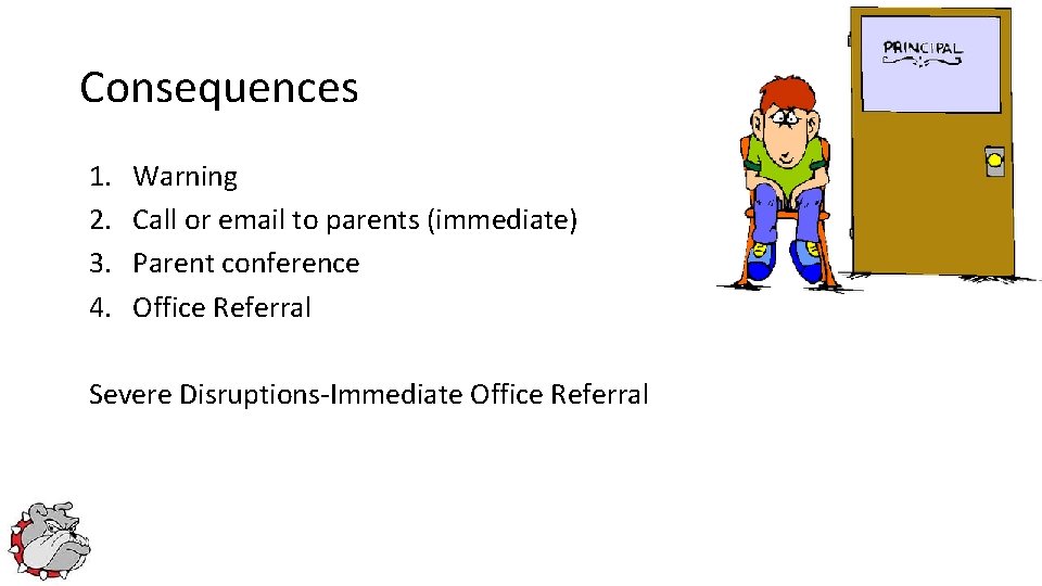 Consequences 1. 2. 3. 4. Warning Call or email to parents (immediate) Parent conference Consequences 1. 2. 3. 4. Warning Call or email to parents (immediate) Parent conference