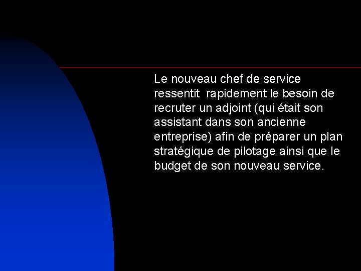 Le nouveau chef de service ressentit rapidement le besoin de recruter un adjoint (qui