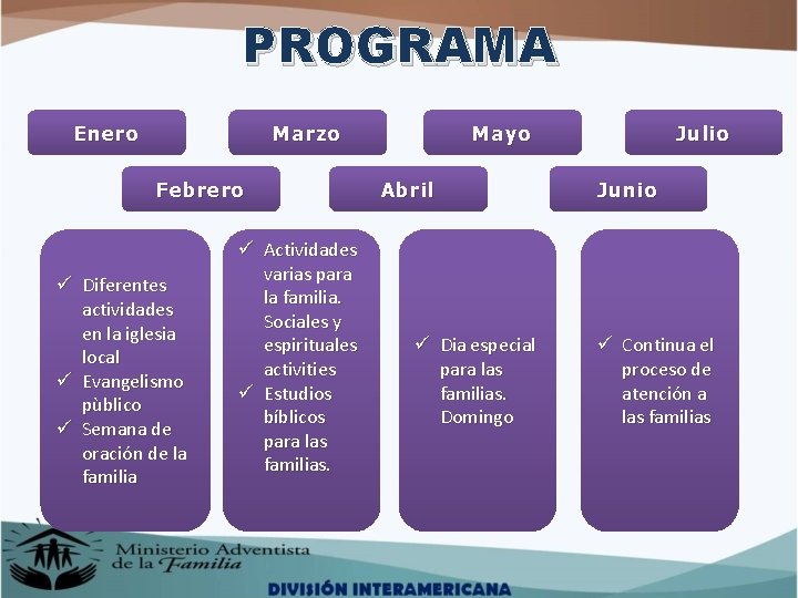 PROGRAMA Enero Marzo Febrero ü Diferentes actividades en la iglesia local ü Evangelismo pùblico