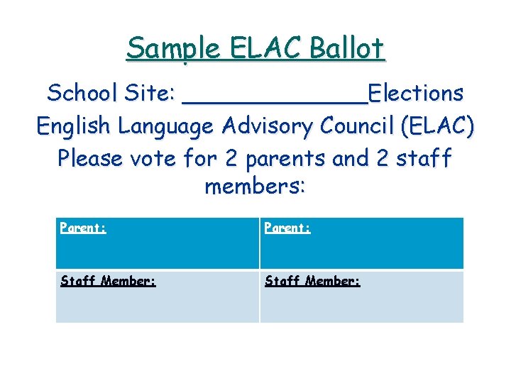 Sample ELAC Ballot School Site: _______Elections English Language Advisory Council (ELAC) Please vote for