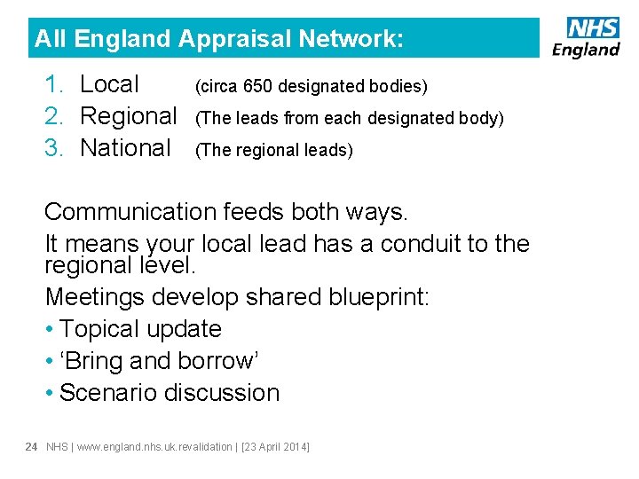 All England Appraisal Network: 1. Local 2. Regional 3. National (circa 650 designated bodies)