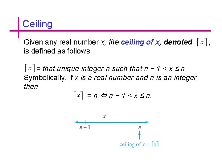Ceiling Given any real number x, the ceiling of x, denoted is defined as