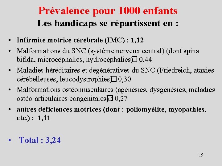 Prévalence pour 1000 enfants Les handicaps se répartissent en : • Infirmité motrice cérébrale