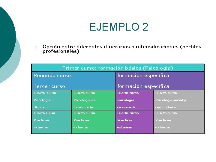 EJEMPLO 2 ¡ Opción entre diferentes itinerarios o intensificaciones (perfiles profesionales) Primer curso: formación
