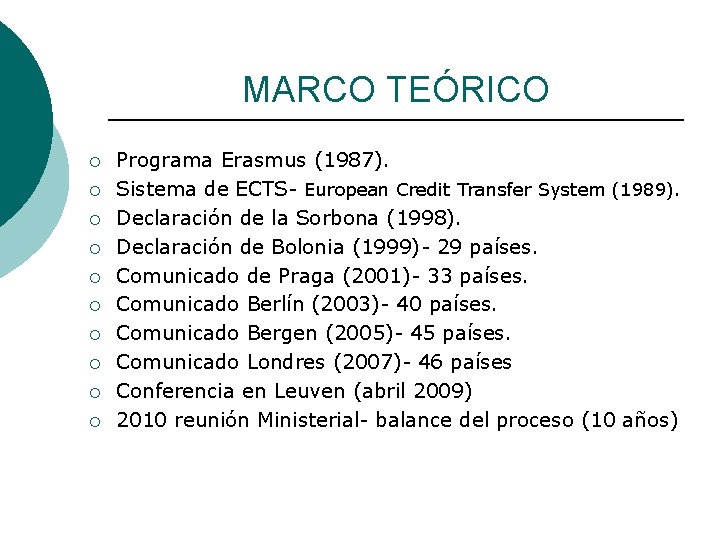 MARCO TEÓRICO ¡ ¡ ¡ ¡ ¡ Programa Erasmus (1987). Sistema de ECTS- European