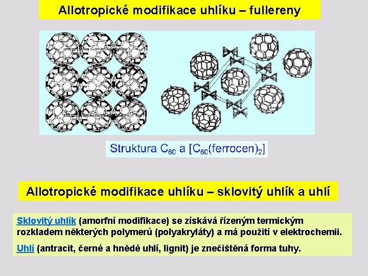 Allotropické modifikace uhlíku – fullereny Allotropické modifikace uhlíku – sklovitý uhlík a uhlí Sklovitý