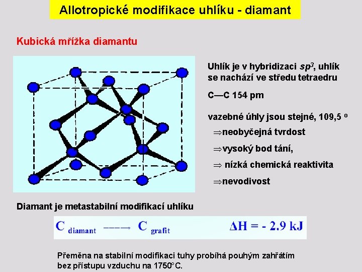 Allotropické modifikace uhlíku - diamant Kubická mřížka diamantu Uhlík je v hybridizaci sp 3,