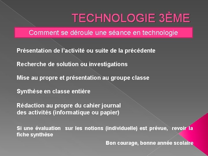 TECHNOLOGIE 3ÈME Comment se déroule une séance en technologie Présentation de l’activité ou suite