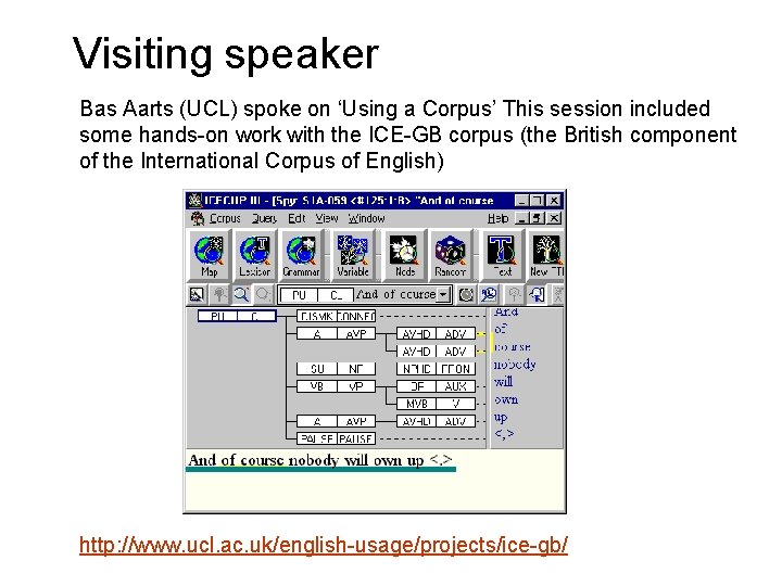 Visiting speaker Bas Aarts (UCL) spoke on ‘Using a Corpus’ This session included some