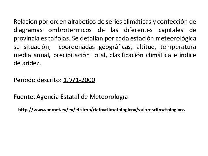 Relación por orden alfabético de series climáticas y confección de diagramas ombrotérmicos de las