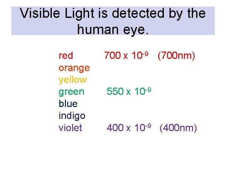 Visible Light is detected by the human eye. red orange yellow green blue indigo