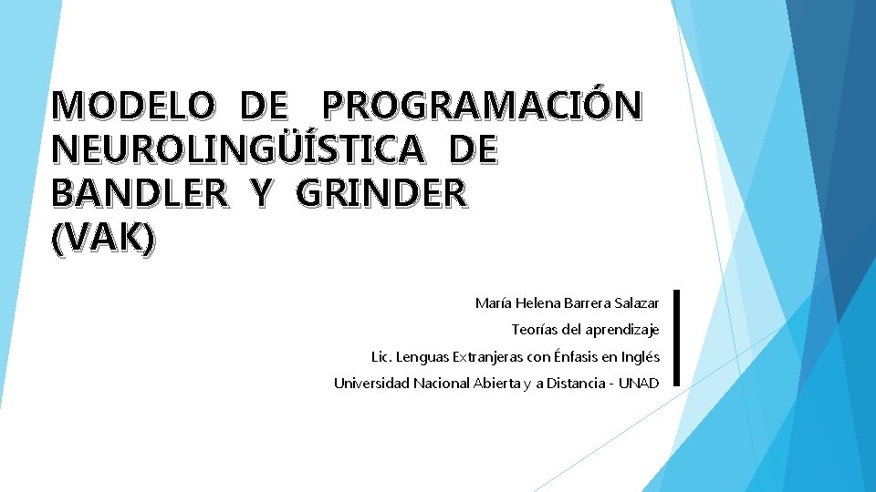 MODELO DE PROGRAMACIÓN NEUROLINGÜÍSTICA DE BANDLER Y GRINDER (VAK) María Helena Barrera Salazar Teorías