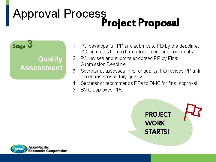Approval Process Project Proposal Stage 3 Quality Assessment 1. PO develops full PP and