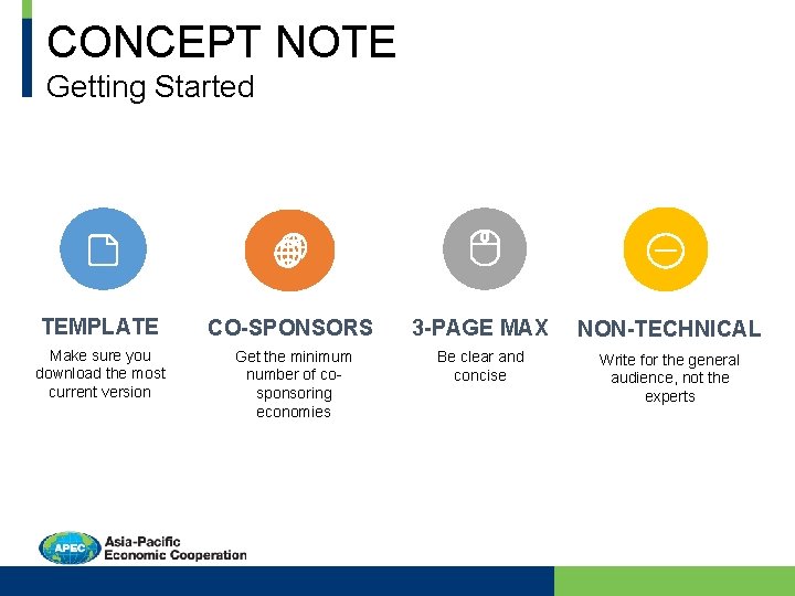 CONCEPT NOTE Getting Started TEMPLATE CO-SPONSORS 3 -PAGE MAX NON-TECHNICAL Make sure you download