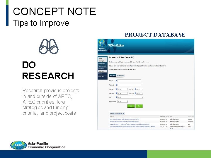 CONCEPT NOTE Tips to Improve PROJECT DATABASE DO RESEARCH Research previous projects in and