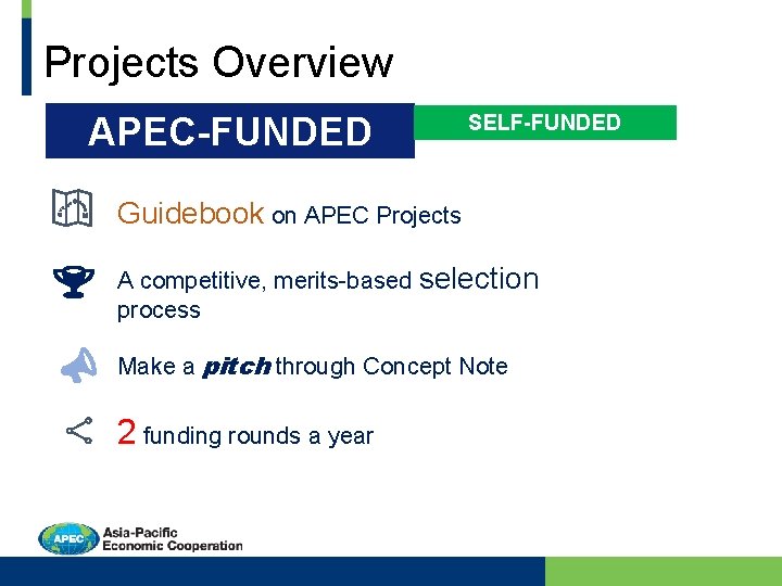 Projects Overview APEC-FUNDED SELF-FUNDED Guidebook on APEC Projects A competitive, merits-based selection process Make