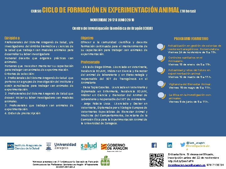 CURSO CICLO DE FORMACIÓN EN EXPERIMENTACIÓN ANIMAL (10 horas) NOVIEMBRE 2017 A JUNIO 2018