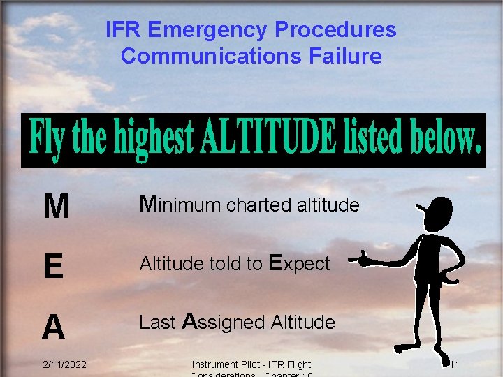 IFR Emergency Procedures Communications Failure M Minimum charted altitude E Altitude told to Expect