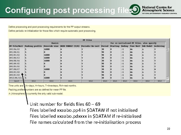 Configuring post processing files Unit number for fields files 60 – 69 Files labelled