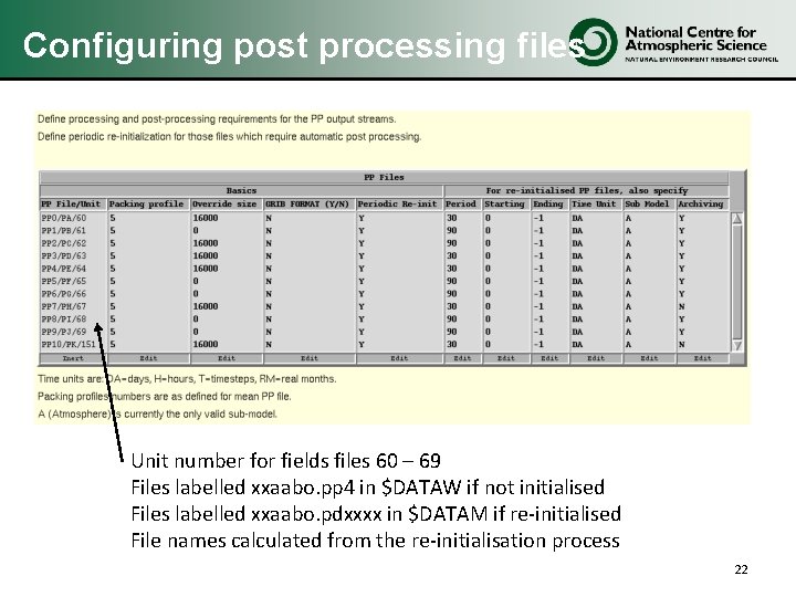 Configuring post processing files Unit number for fields files 60 – 69 Files labelled