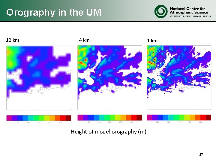 Orography in the UM 12 km 4 km 1 km Height of model orography