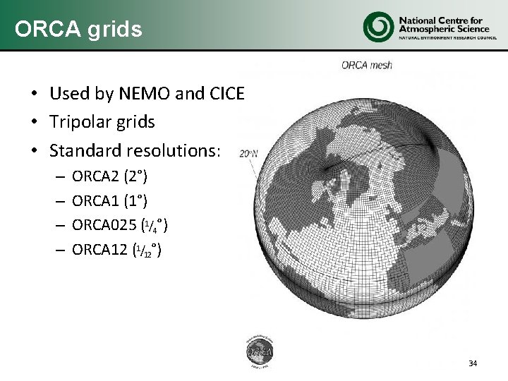 ORCA grids • Used by NEMO and CICE • Tripolar grids • Standard resolutions: