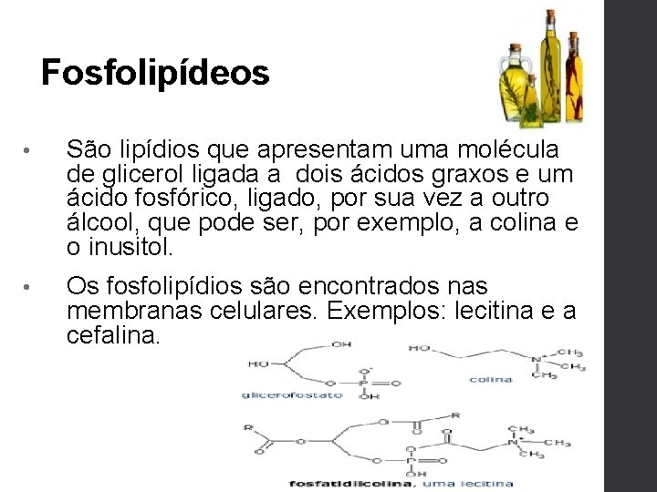 Fosfolipídeos • São lipídios que apresentam uma molécula de glicerol ligada a dois ácidos